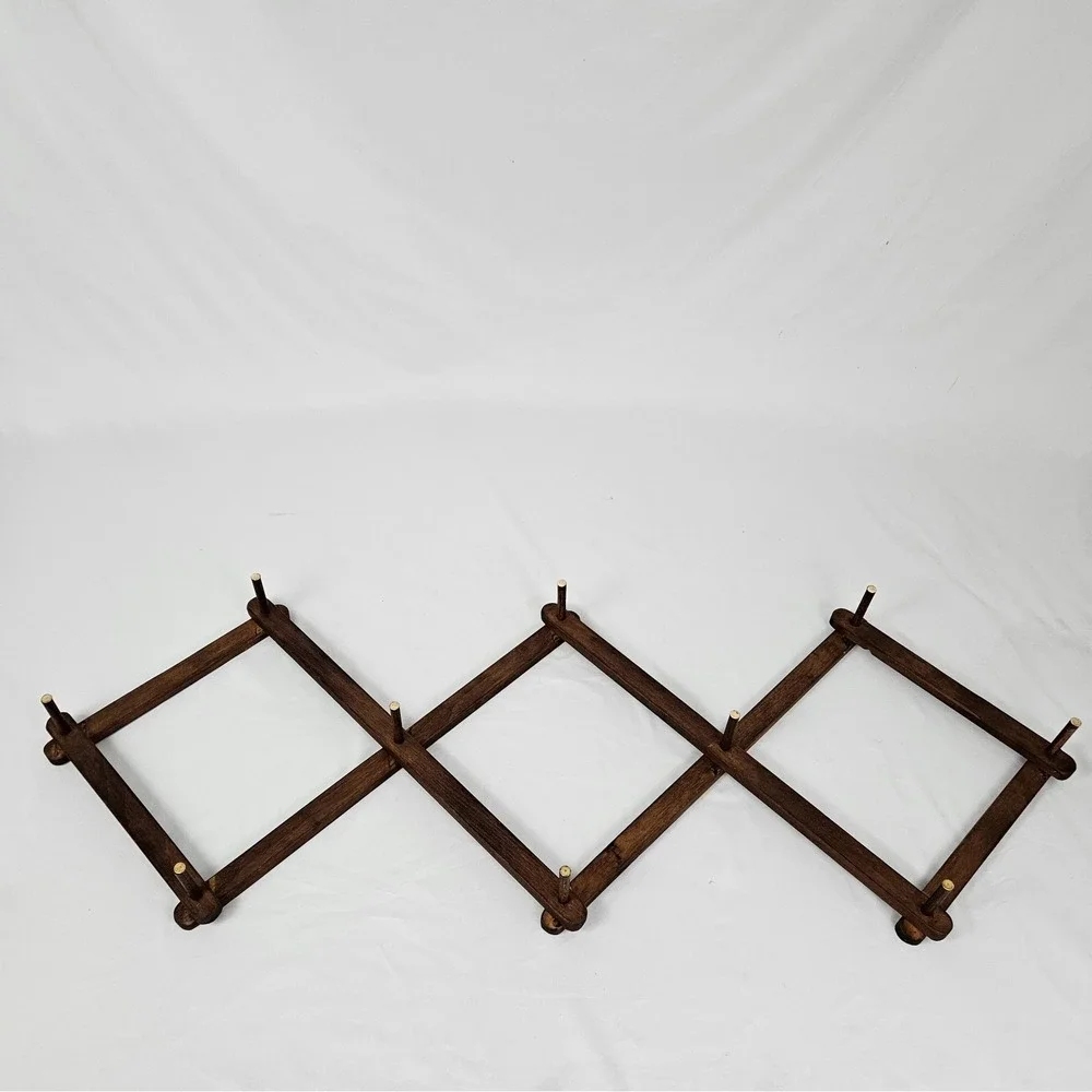 Vtg Wood Expandable Accordion Folding Rack 10 Peg Wall Hanger Hat Coat Jewelry
